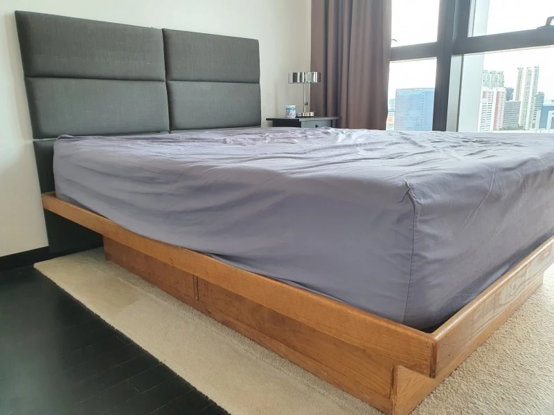 Wooden bed frame, Mattress, Vacuum cleaner, Air purifier, Suitcase, He...