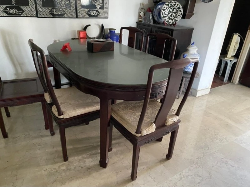 Rosewood dining table with 4 chairs plus 1 pc rosewood sofa centre tab...