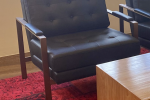 Wood sideboard cabinet, Leather lounge chair, Leather ottoman (2), Woo...