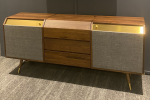 Wood sideboard cabinet, Leather lounge chair, Leather ottoman (2), Woo...