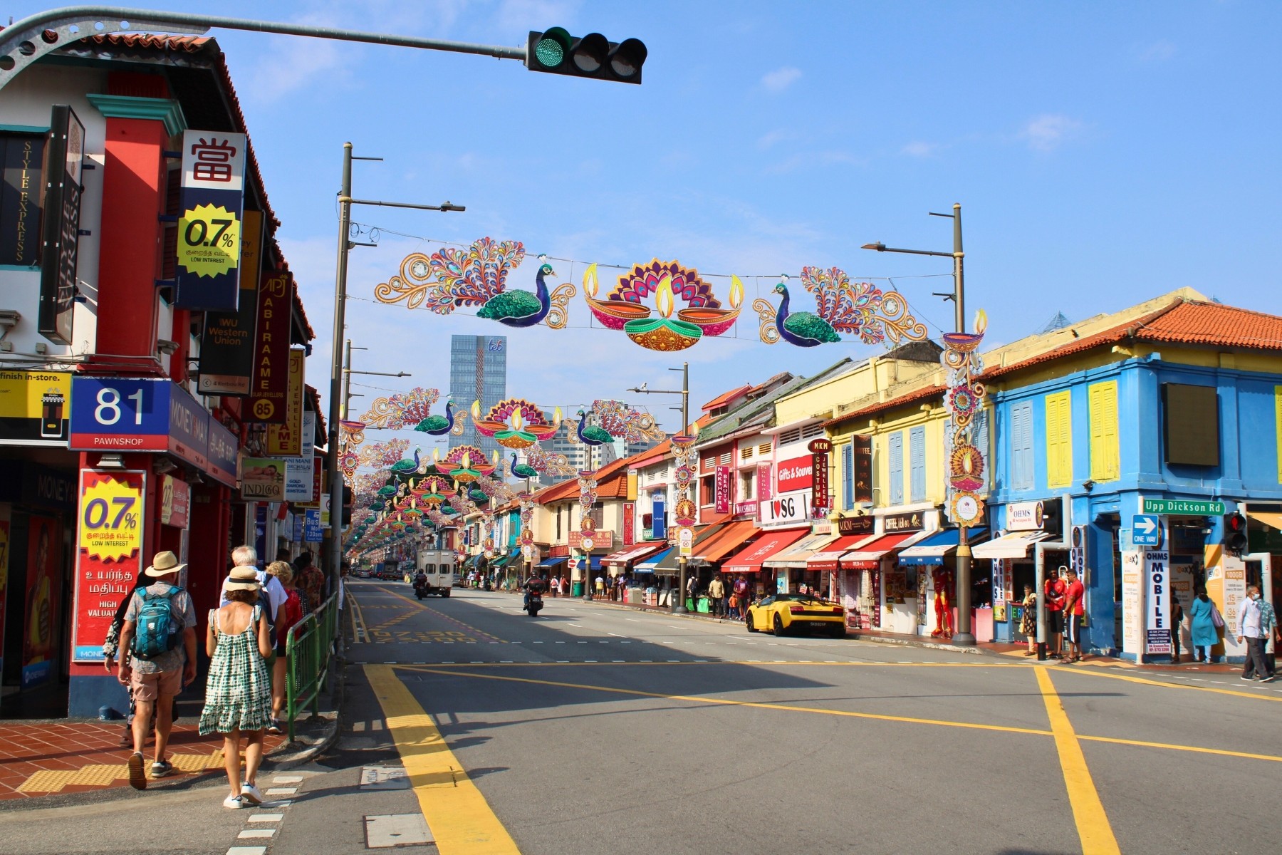 Little India in Singapore decorated with colourful lights for Deepavali